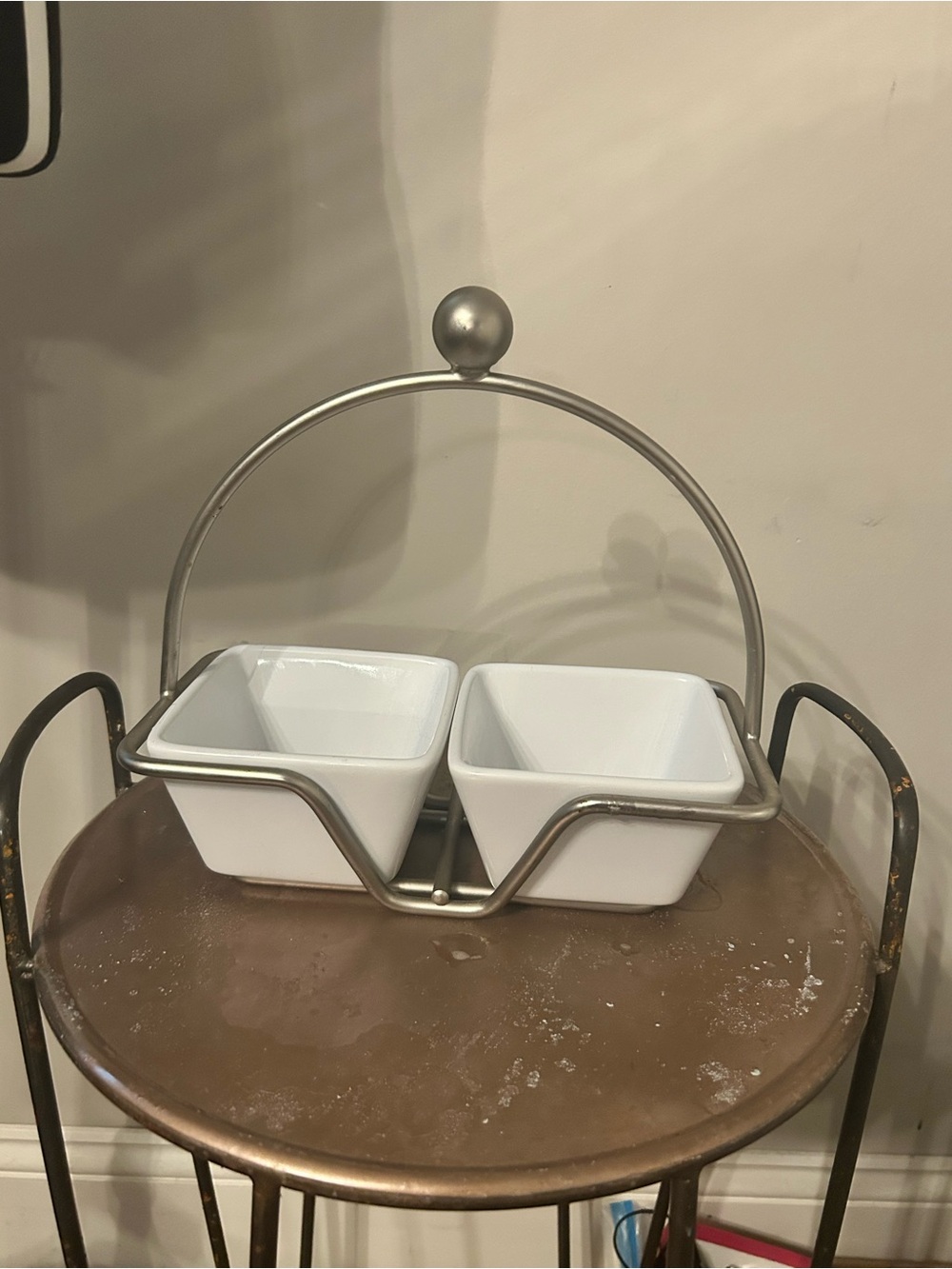 The Pampered Chef White Ceramic Double Dip Bowl Set with Metal Stand - Picture 3 of 4